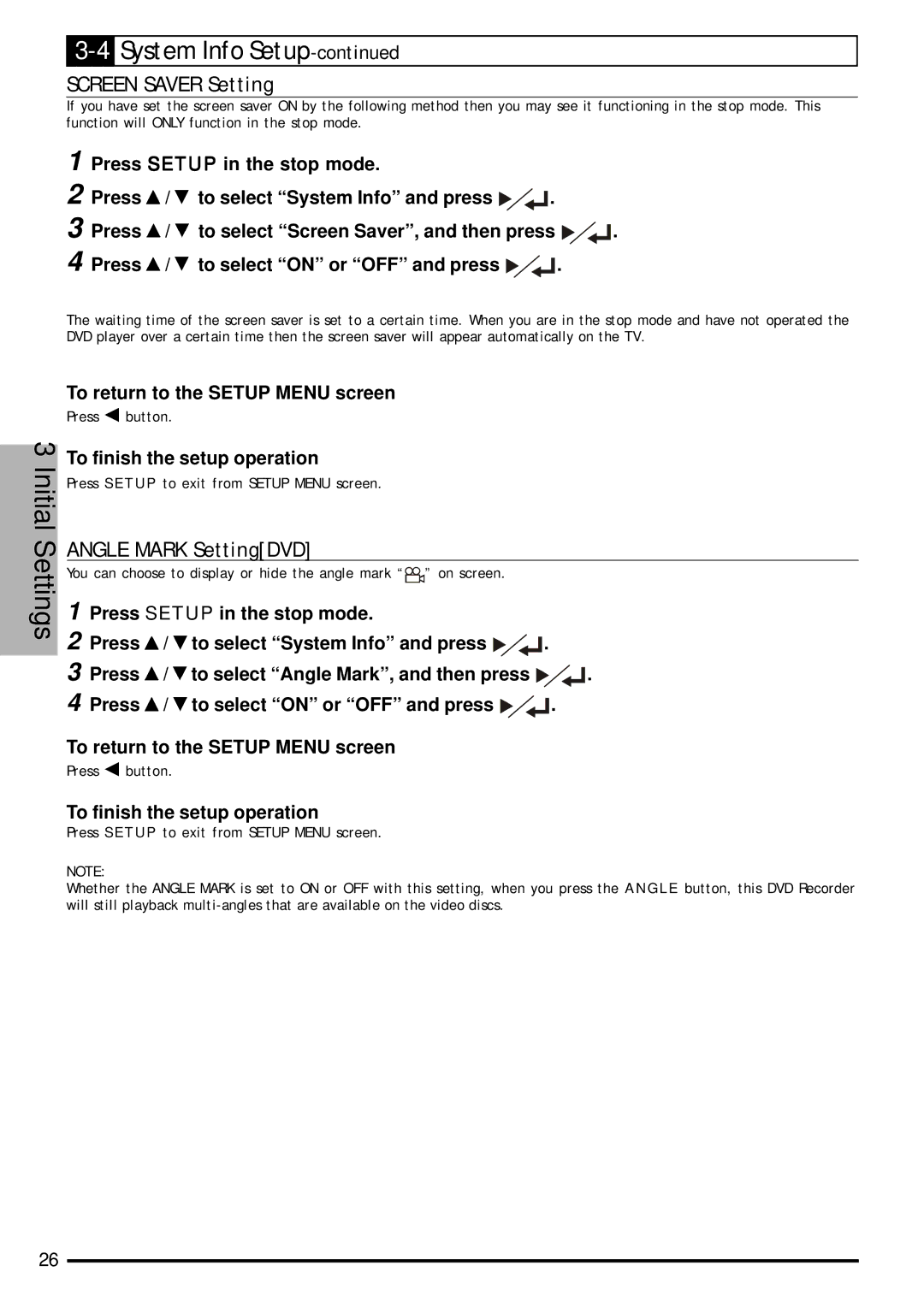 Jwin JD-VD903 user manual Screen Saver Setting, Angle Mark SettingDVD, Press To select on or OFF and press 