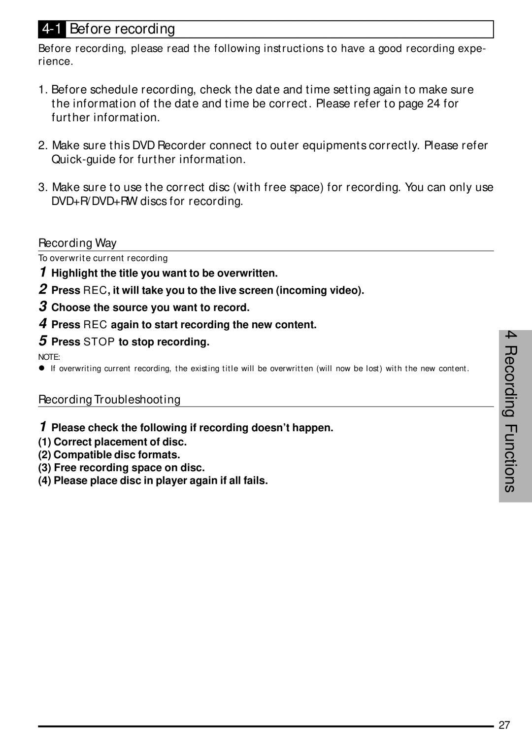 Jwin JD-VD903 user manual 1Before recording, Recording Troubleshooting 