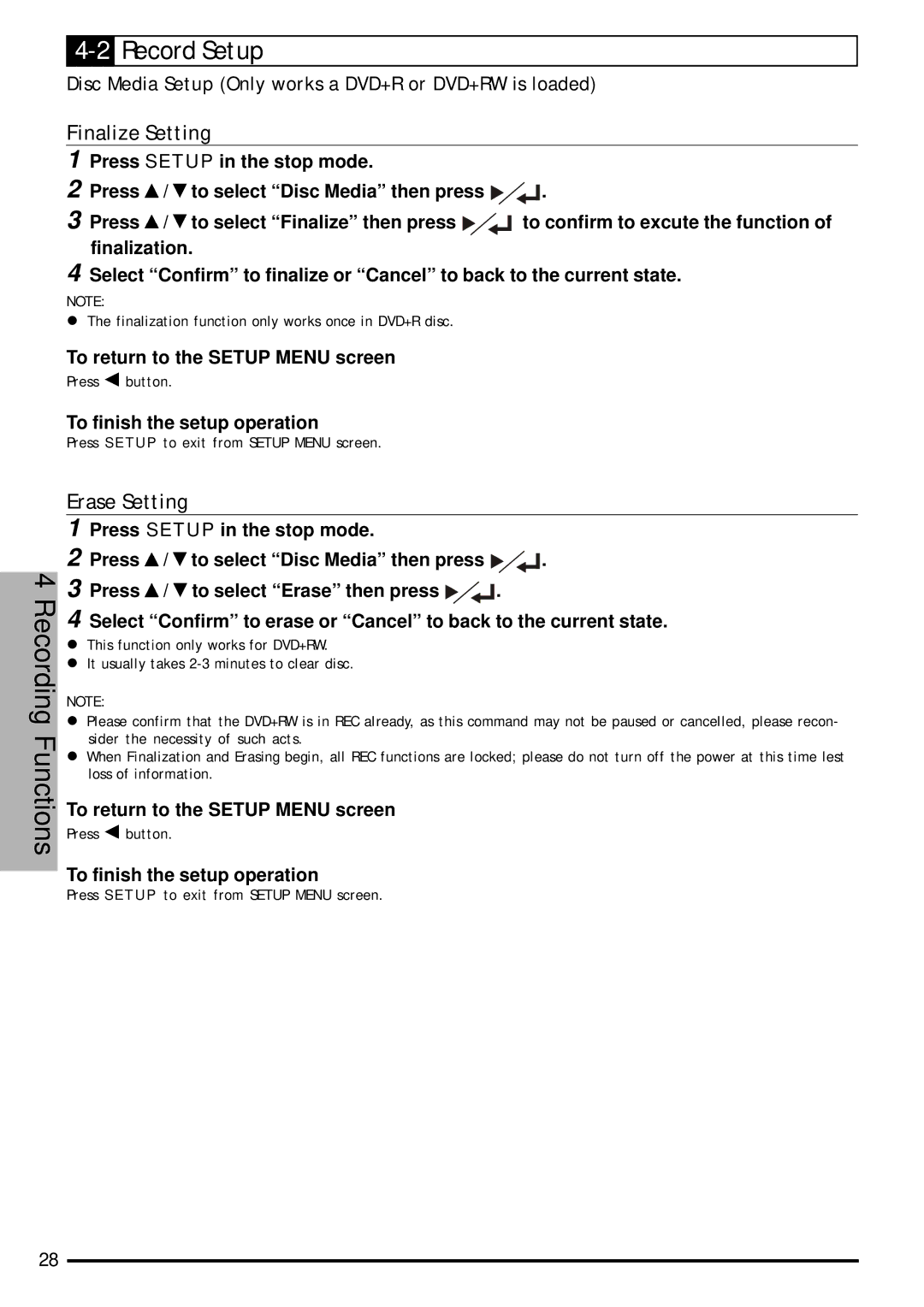 Jwin JD-VD903 user manual 2Record Setup, Finalize Setting, Erase Setting 