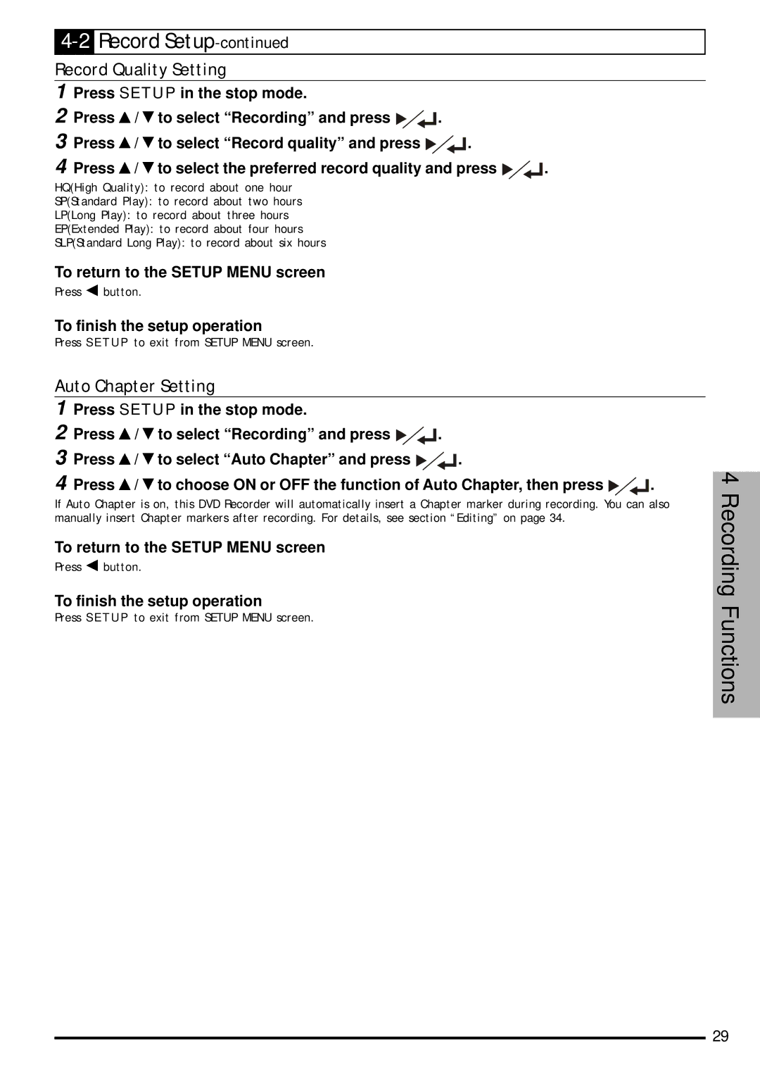 Jwin JD-VD903 user manual Record Quality Setting, Auto Chapter Setting 