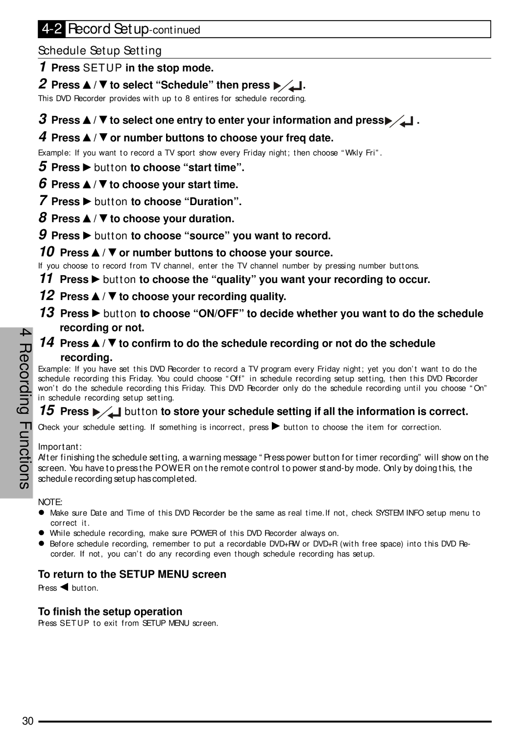 Jwin JD-VD903 user manual Schedule Setup Setting 