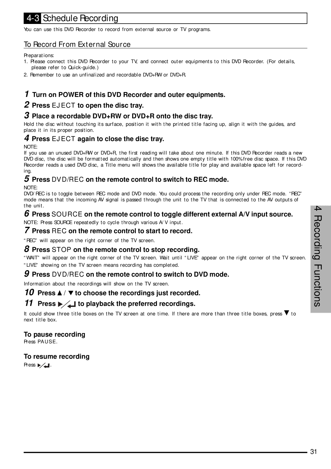 Jwin JD-VD903 user manual 3Schedule Recording, To Record From External Source 