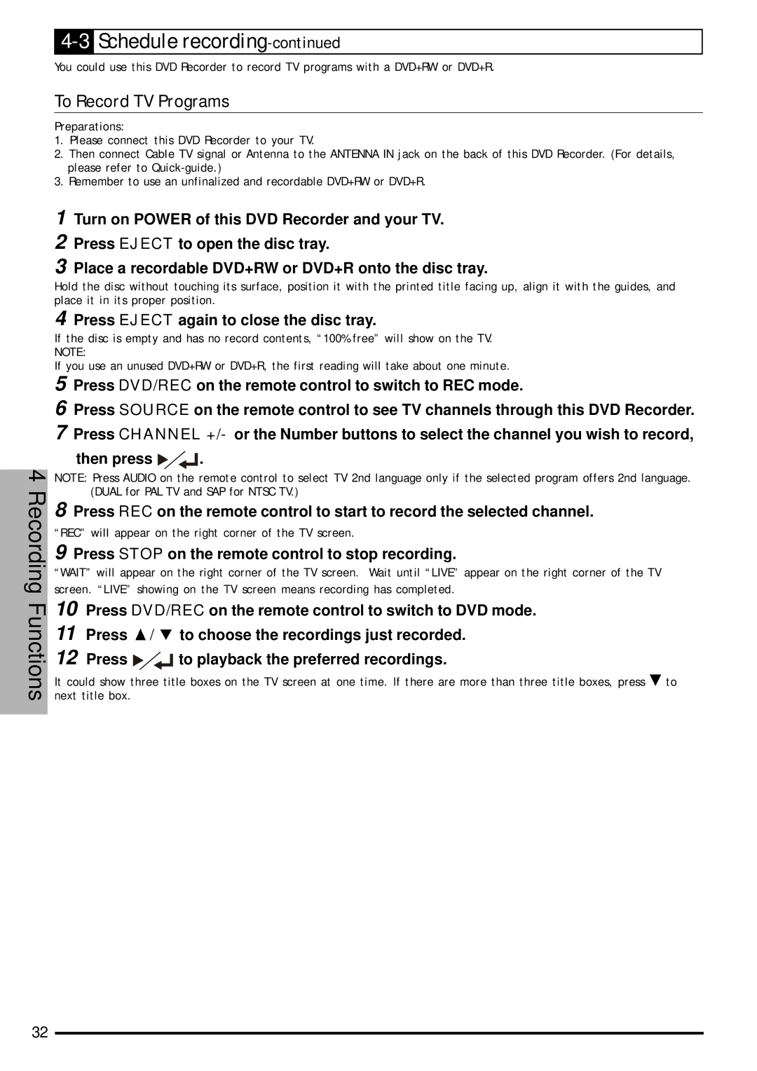 Jwin JD-VD903 user manual To Record TV Programs 