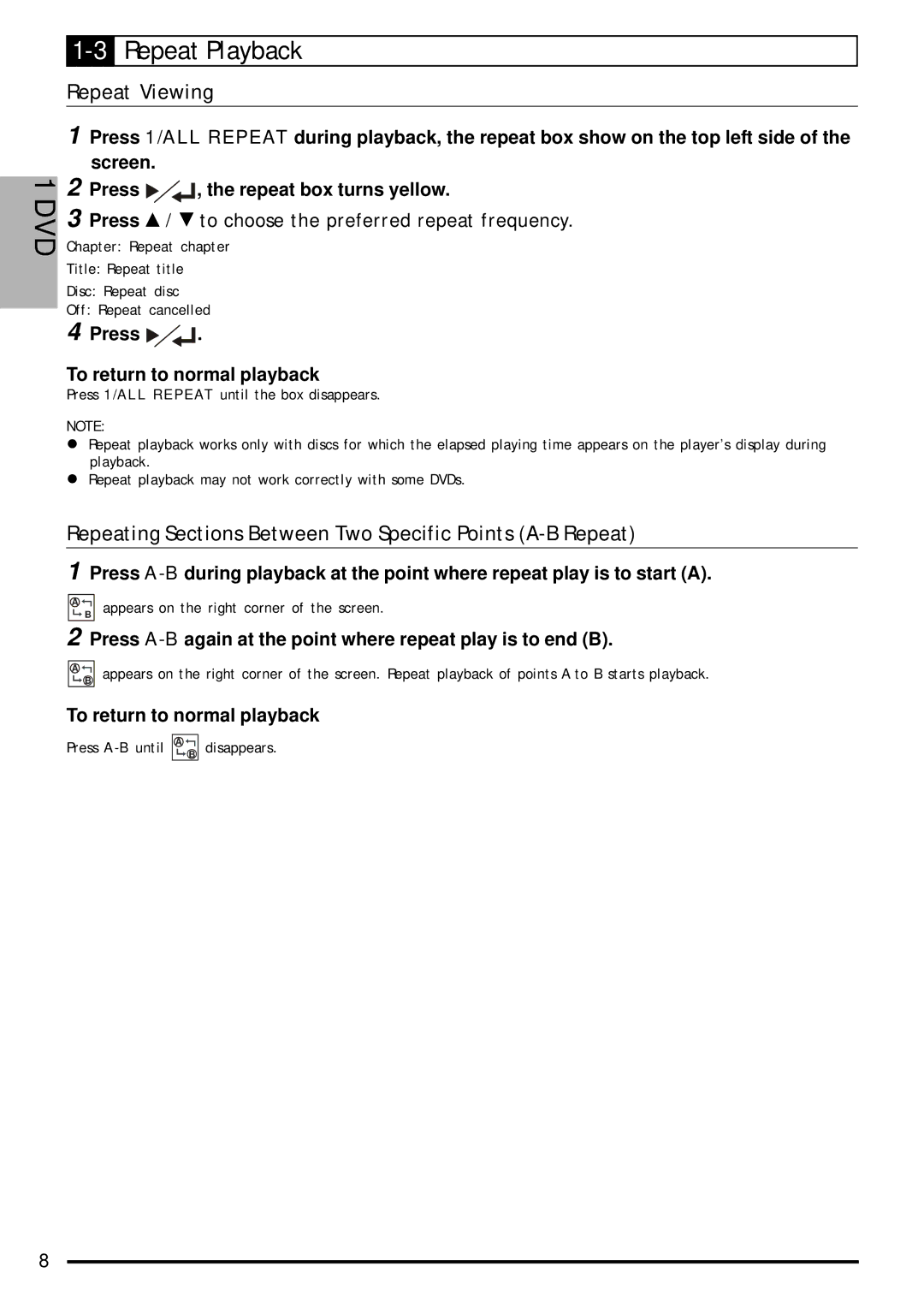 Jwin JD-VD903 user manual 3Repeat Playback, Repeat Viewing, Repeating Sections Between Two Specific Points A-B Repeat 