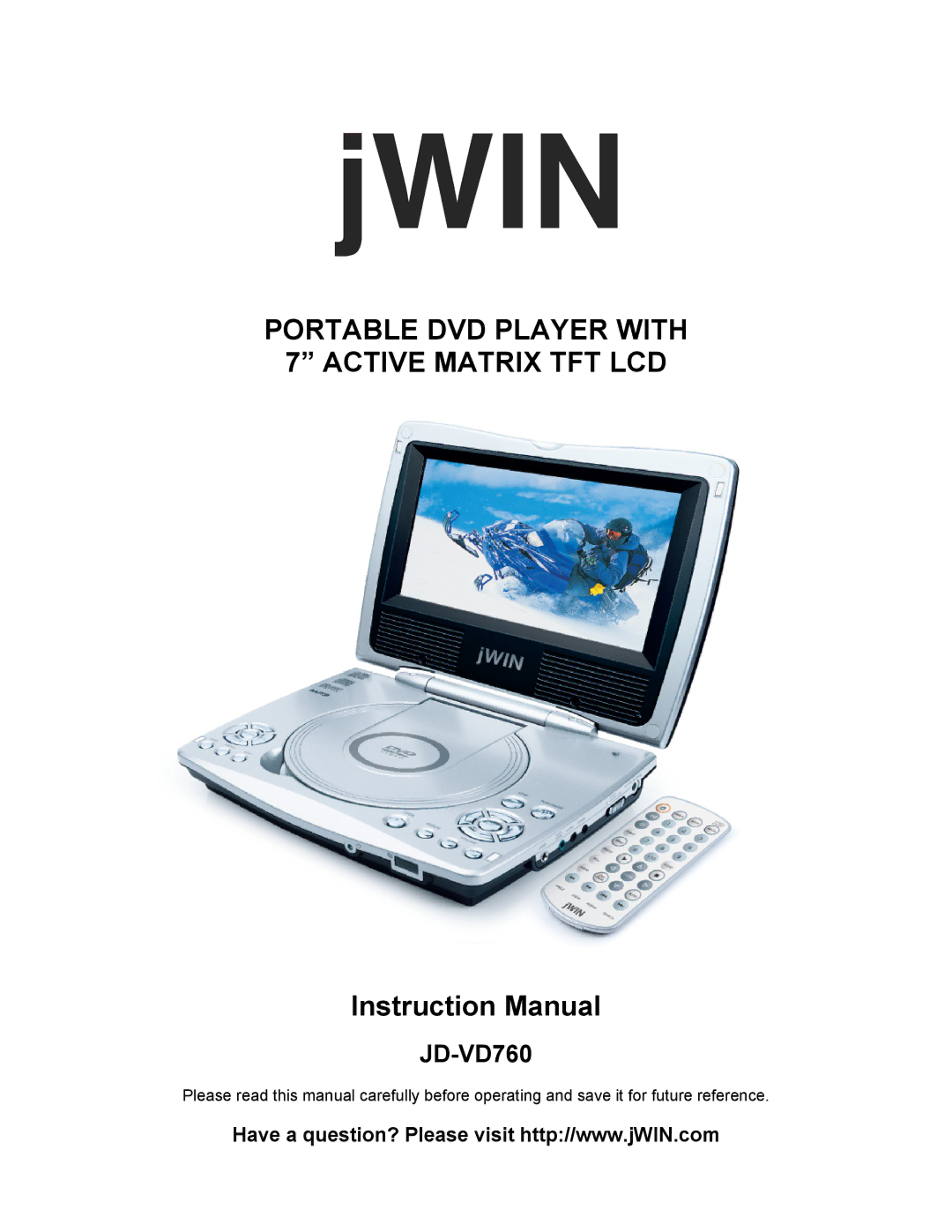 Jwin JDVD760 instruction manual Portable DVD Player with 7 Active Matrix TFT LCD 