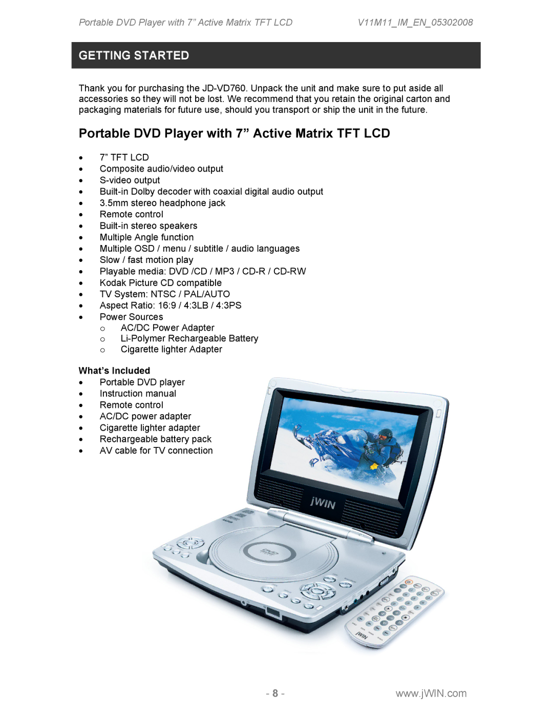 Jwin JDVD760 instruction manual Portable DVD Player with 7 Active Matrix TFT LCD, What’s Included 