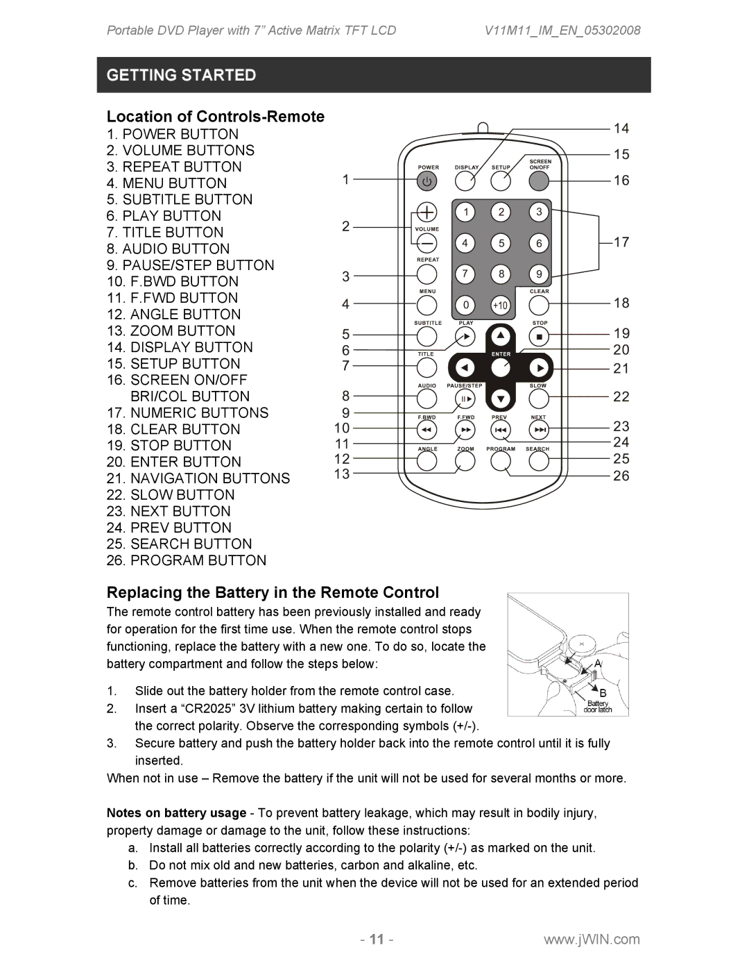 Jwin JDVD760 instruction manual Location of Controls-Remote, Replacing the Battery in the Remote Control 