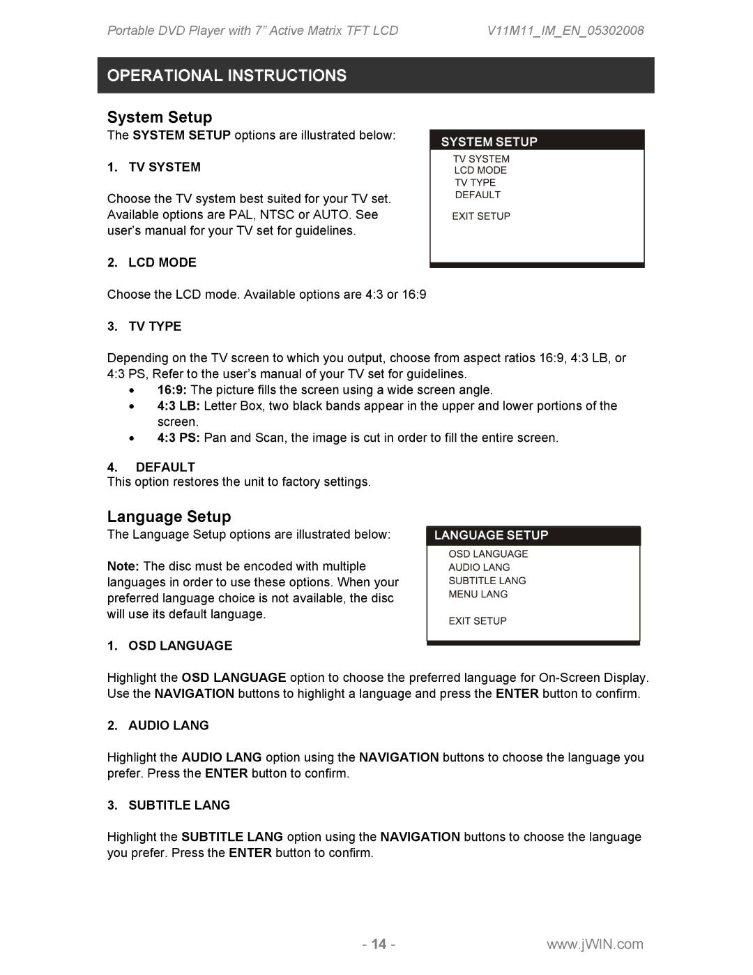 Jwin JDVD760 instruction manual Operational Instructions, System Setup, Language Setup 