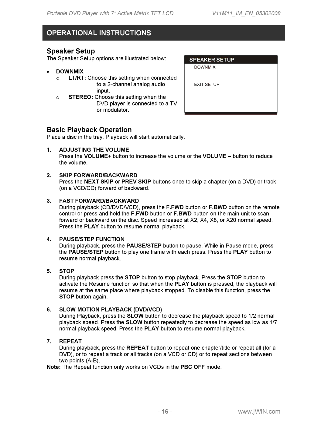 Jwin JDVD760 instruction manual Speaker Setup, Basic Playback Operation 