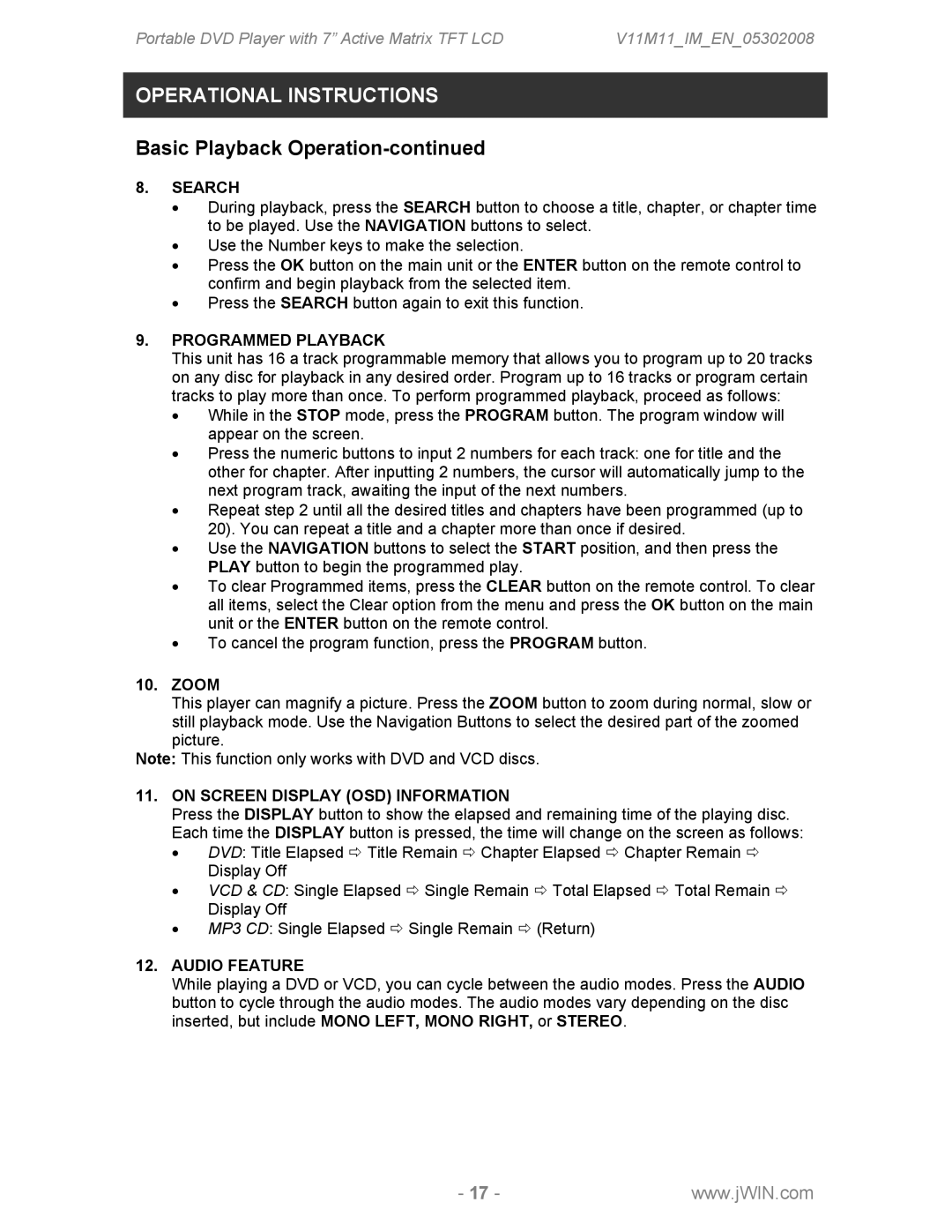 Jwin JDVD760 instruction manual Search, Programmed Playback, Zoom, On Screen Display OSD Information, Audio Feature 