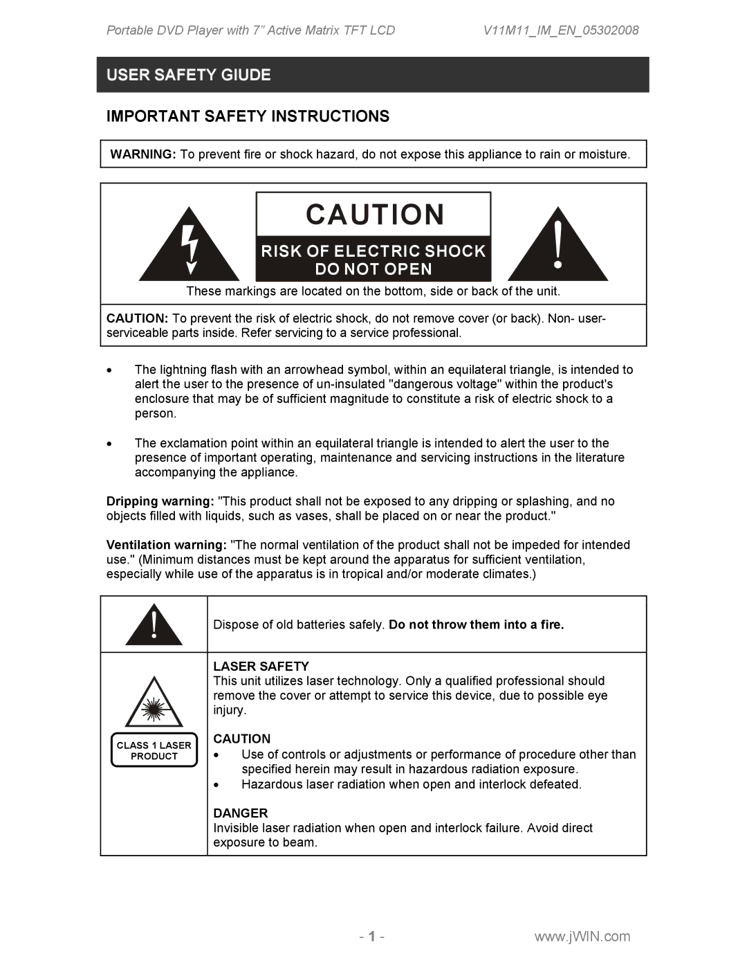 Jwin JDVD760 instruction manual User Safety Giude, Risk of Electric Shock Do not Open, Laser Safety 