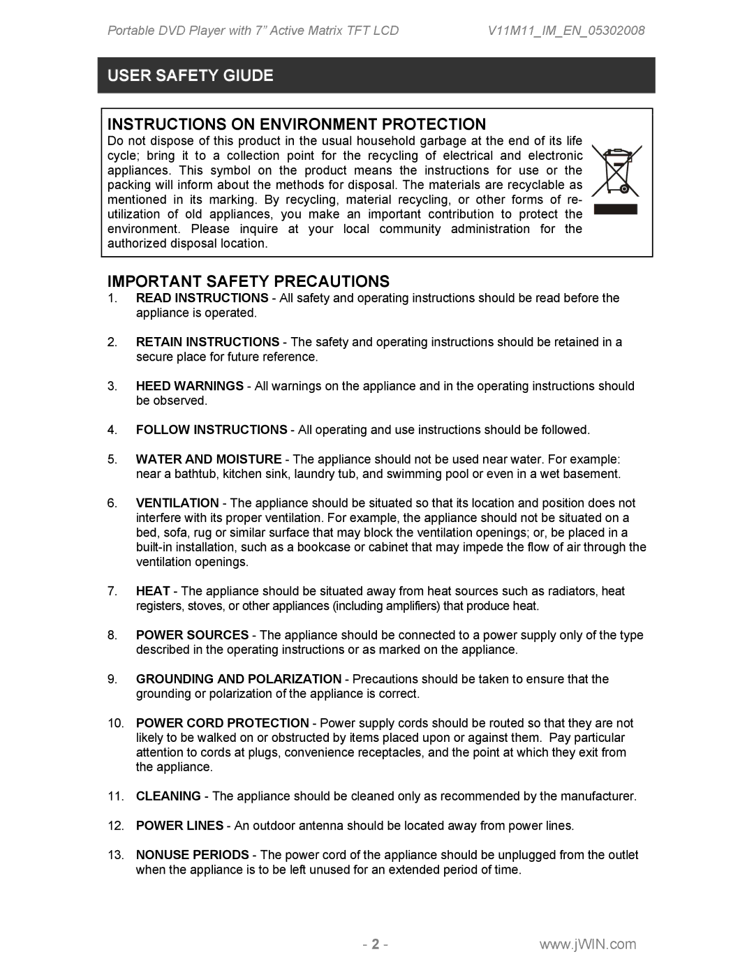 Jwin JDVD760 instruction manual Instructions on Environment Protection 