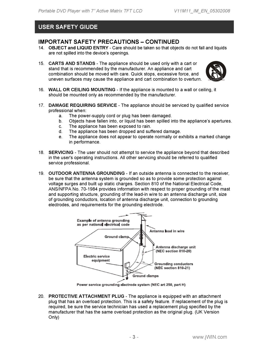 Jwin JDVD760 instruction manual User Safety Giude 