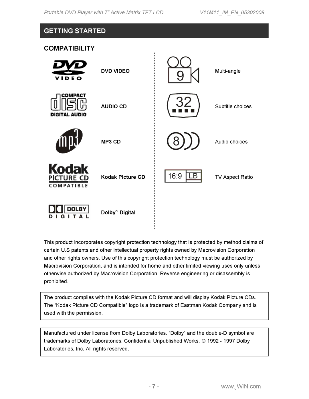 Jwin JDVD760 instruction manual Getting Started, DVD Video, Audio CD, MP3 CD 