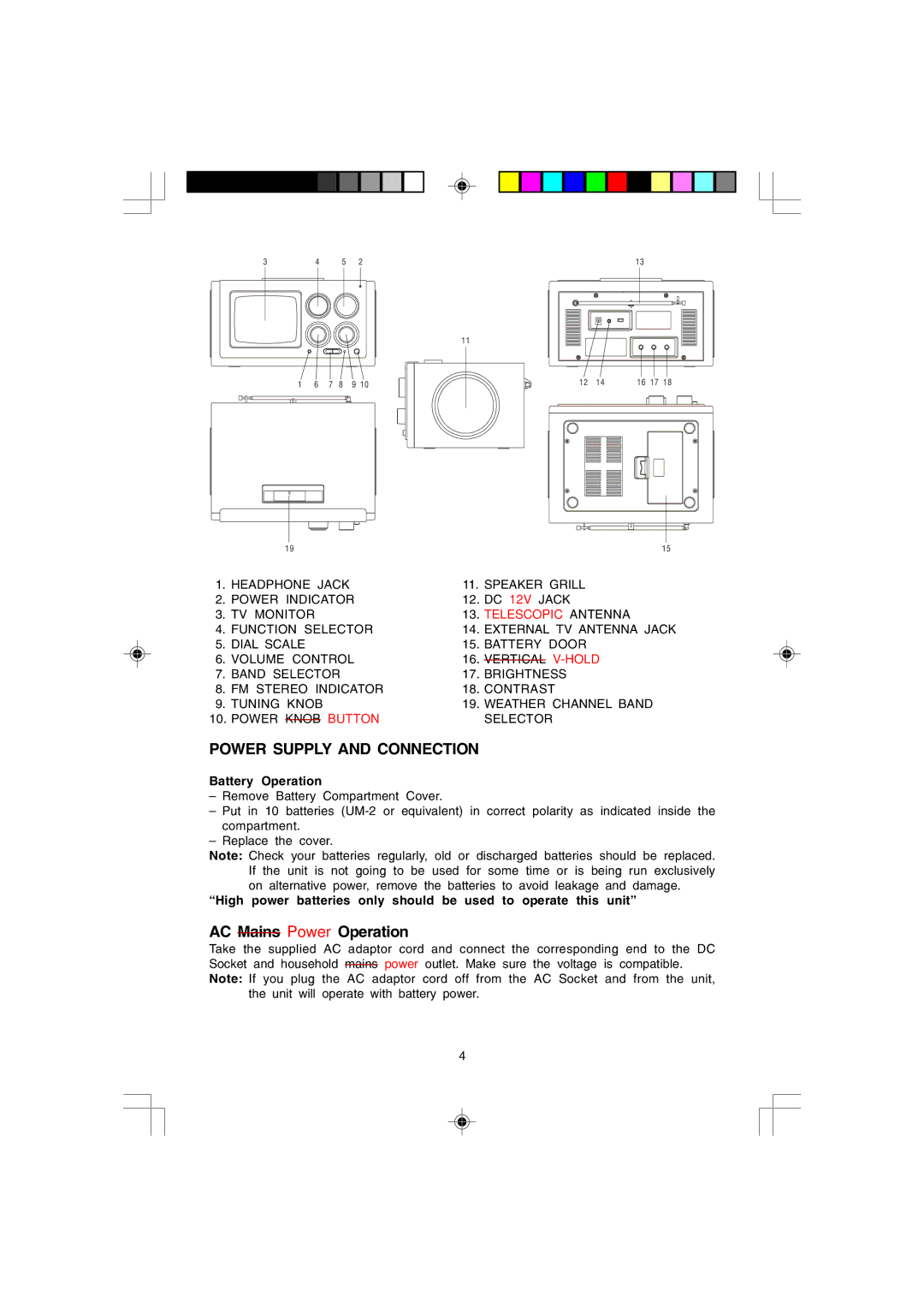 Jwin jk-3030 user service Power Supply and Connection, Telescopic Antenna 