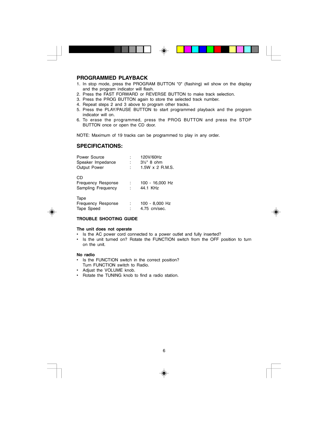 Jwin JK-333 user service Programmed Playback, Specifications, Trouble Shooting Guide 