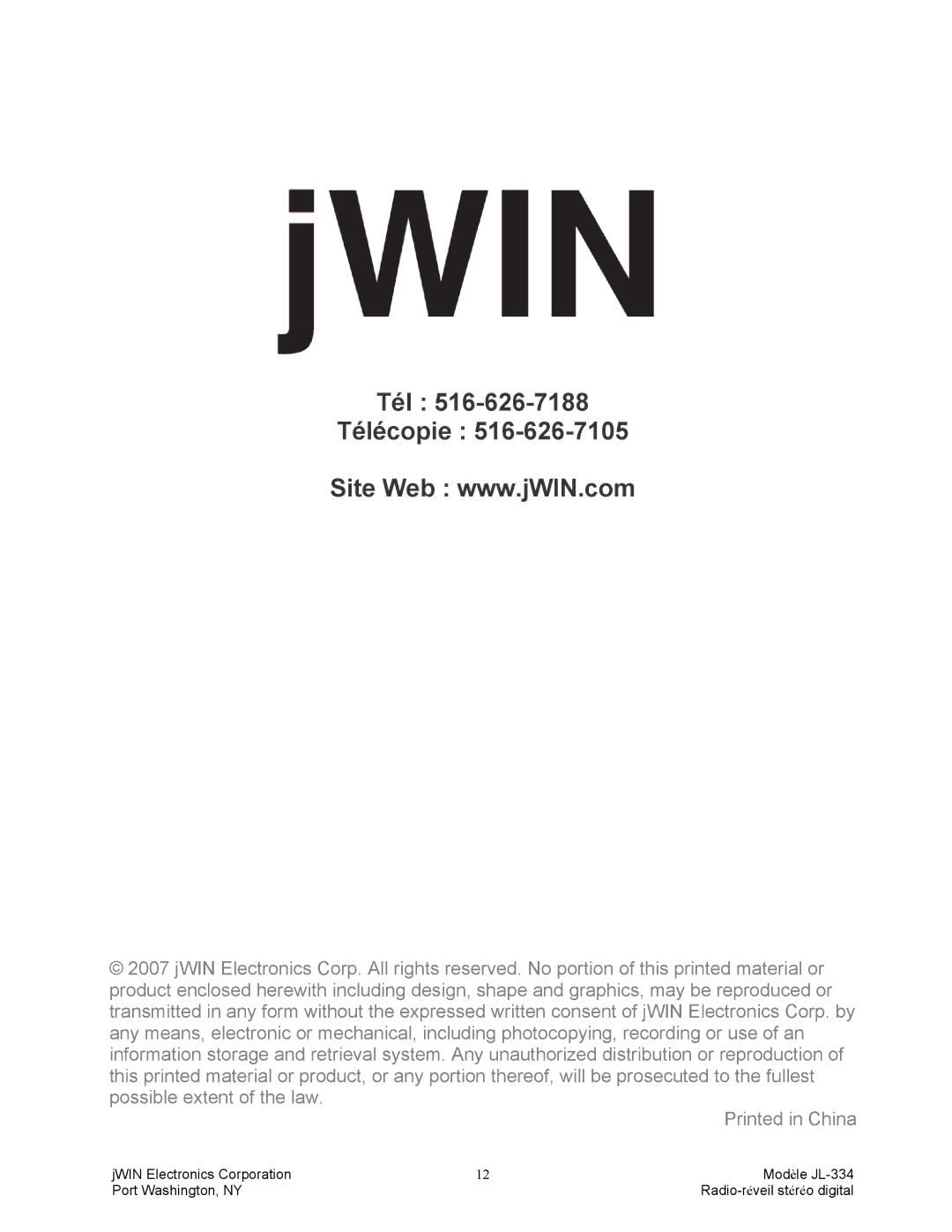 Jwin JL-334 manual Tél Télécopie 