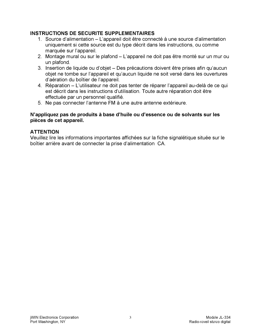 Jwin JL-334 manual Instructions DE Securite Supplementaires 