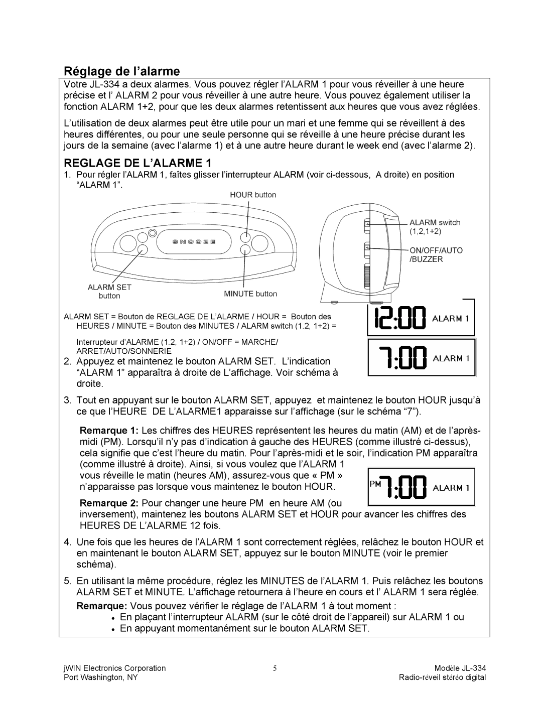 Jwin JL-334 manual Réglage de l’alarme, Reglage DE L’ALARME 