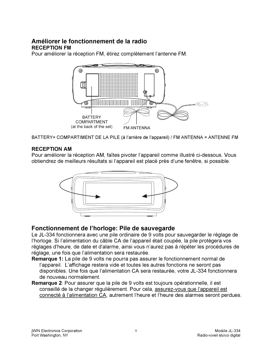 Jwin JL-334 manual Améliorer le fonctionnement de la radio, Fonctionnement de l’horloge Pile de sauvegarde, Reception FM 