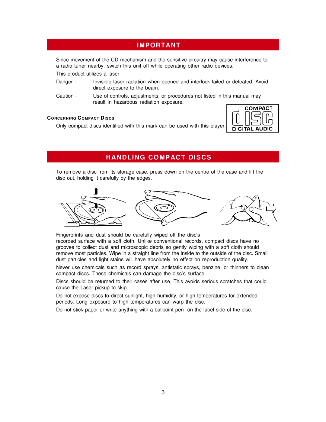 Jwin JL-CD808 manual P O R T a N T, N D L I N G C O M P a C T D I S C S 