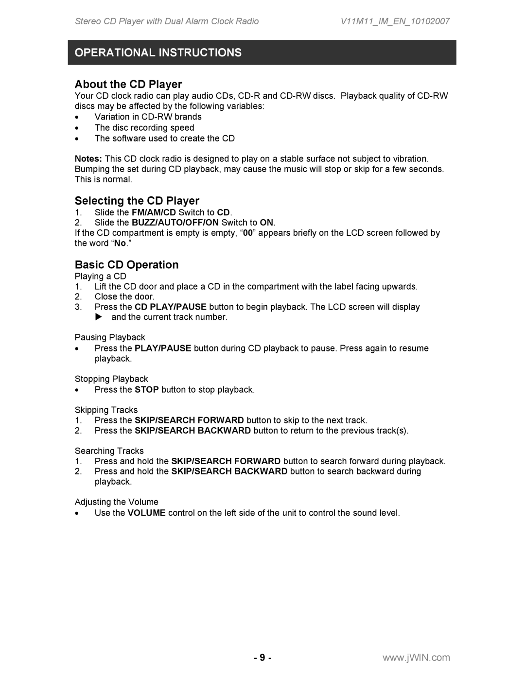 Jwin JL-CD815 instruction manual Operational Instructions, About the CD Player, Selecting the CD Player, Basic CD Operation 