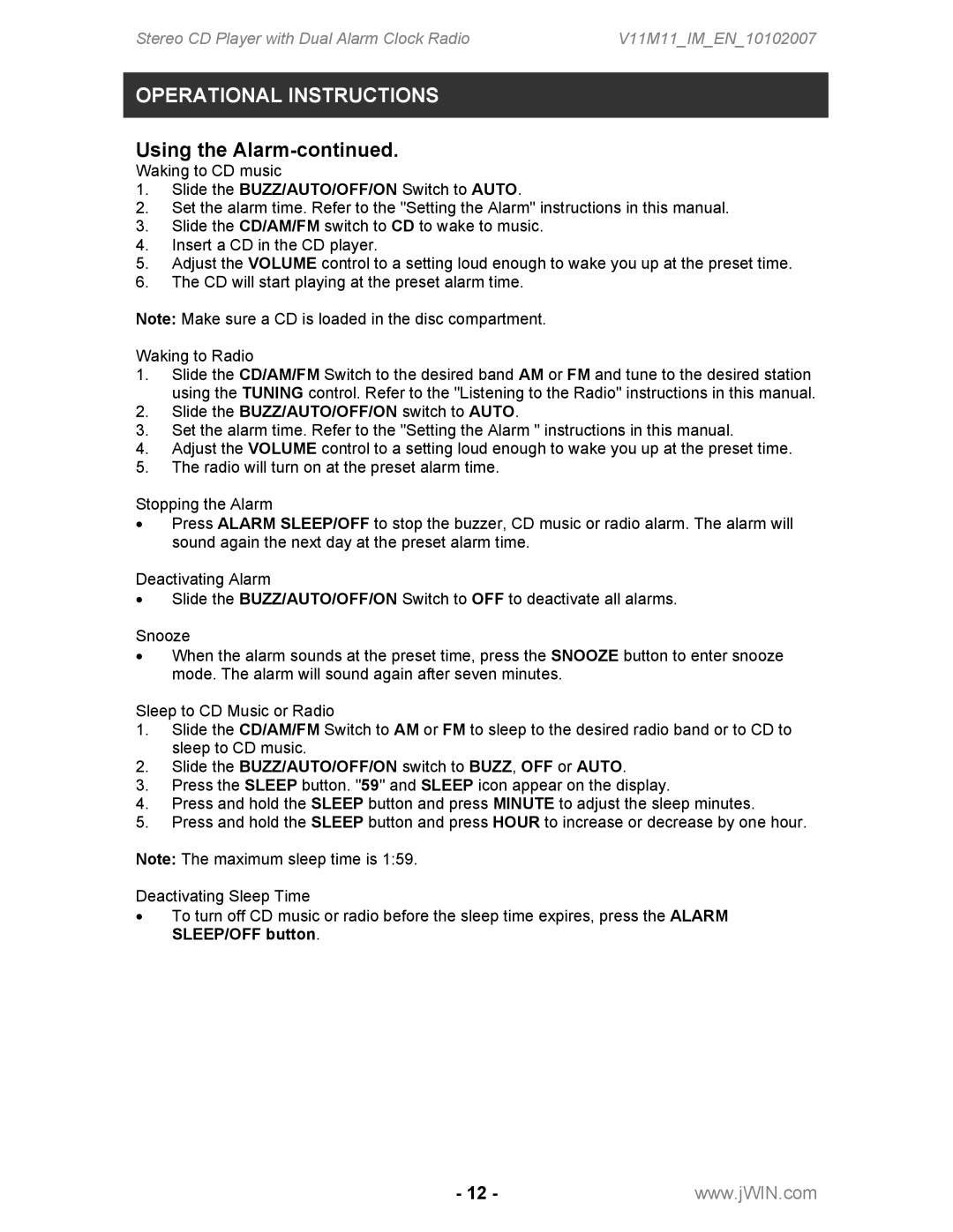 Jwin JL-CD815 instruction manual Slide the BUZZ/AUTO/OFF/ON switch to BUZZ, OFF or Auto 