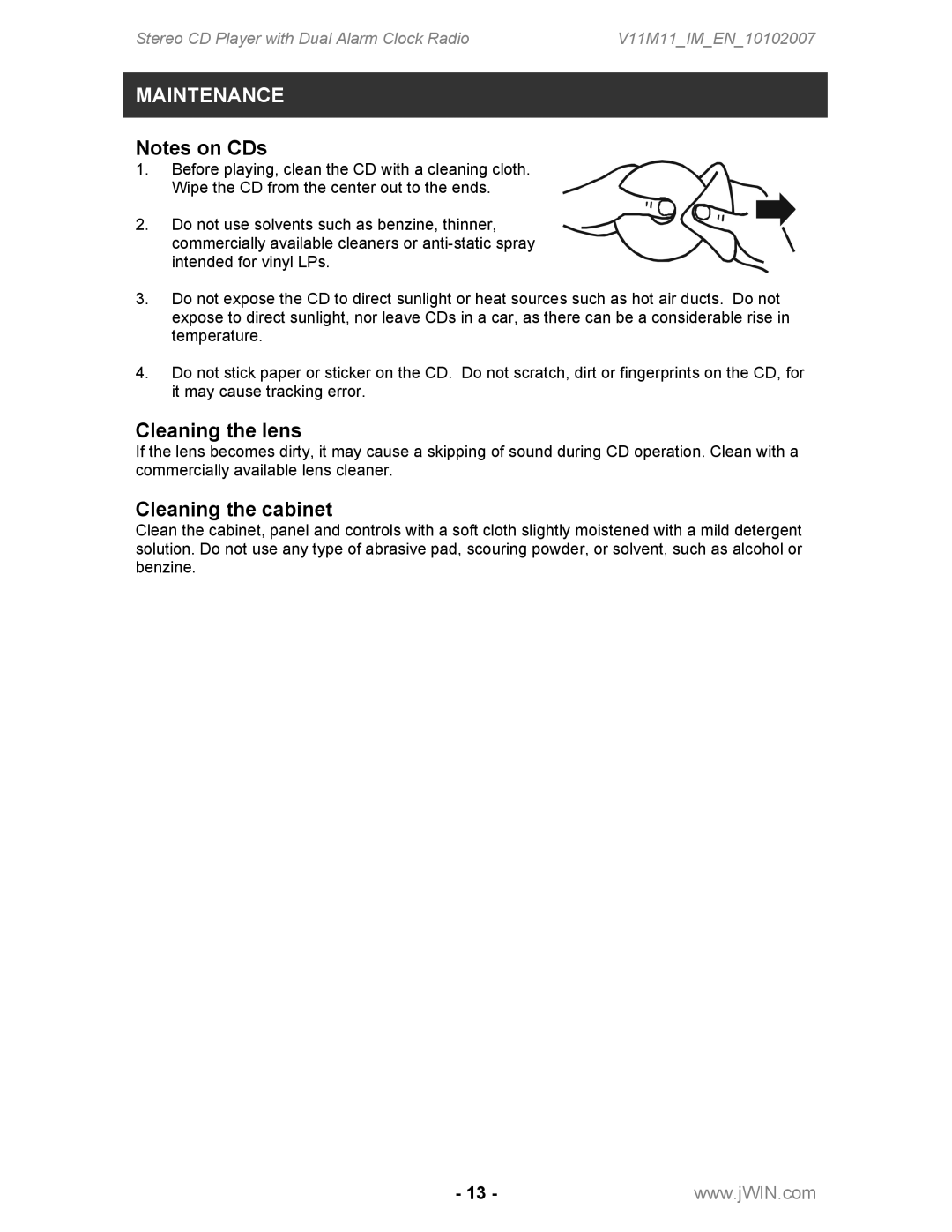 Jwin JL-CD815 instruction manual Maintenance, Cleaning the lens, Cleaning the cabinet 