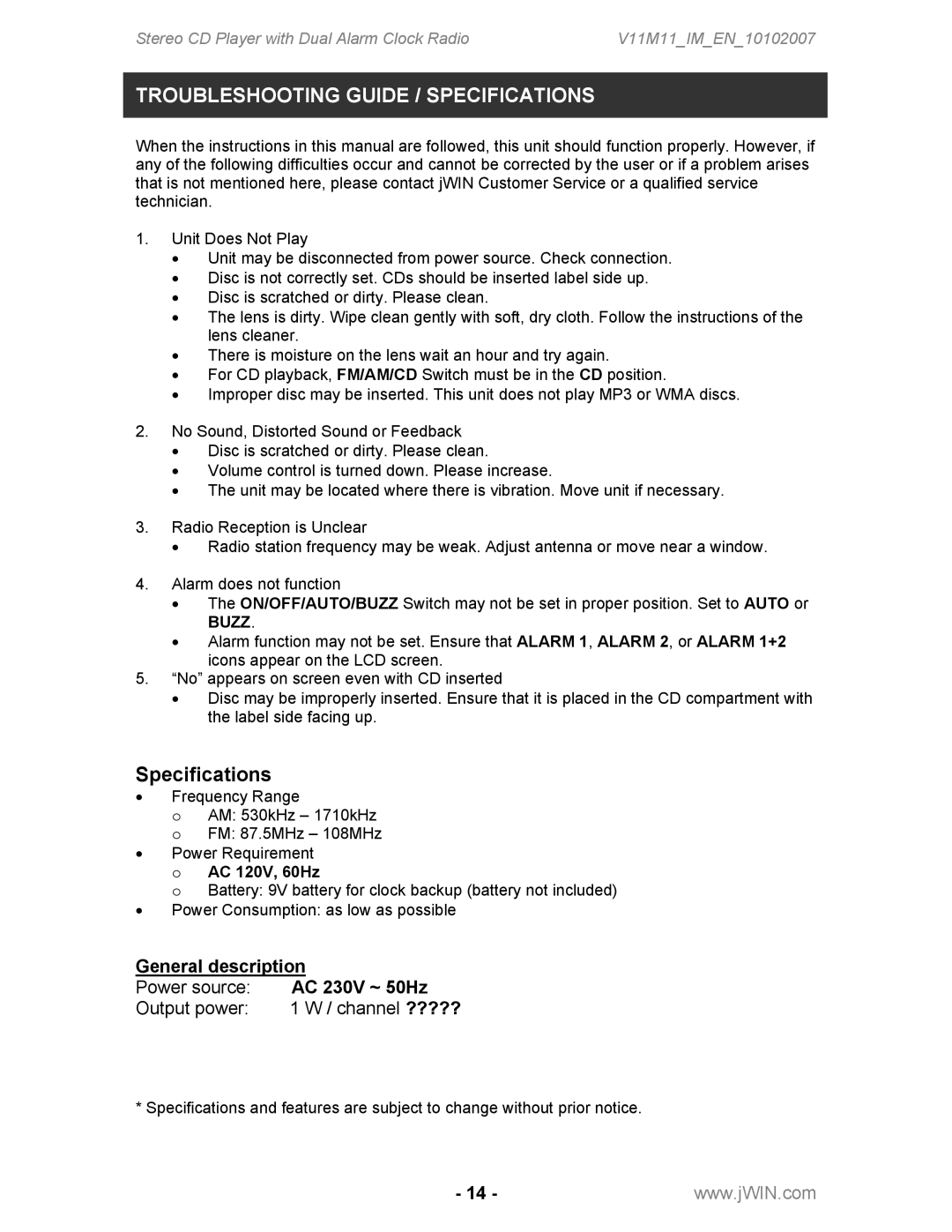 Jwin JL-CD815 instruction manual Troubleshooting Guide / Specifications 