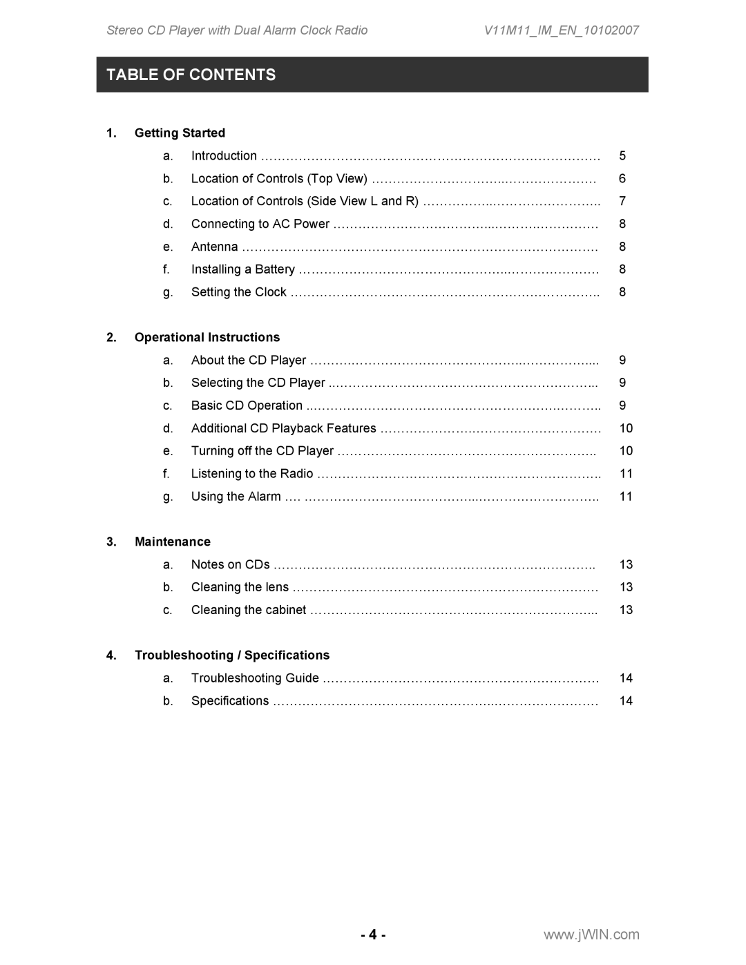 Jwin JL-CD815 instruction manual Table of Contents 