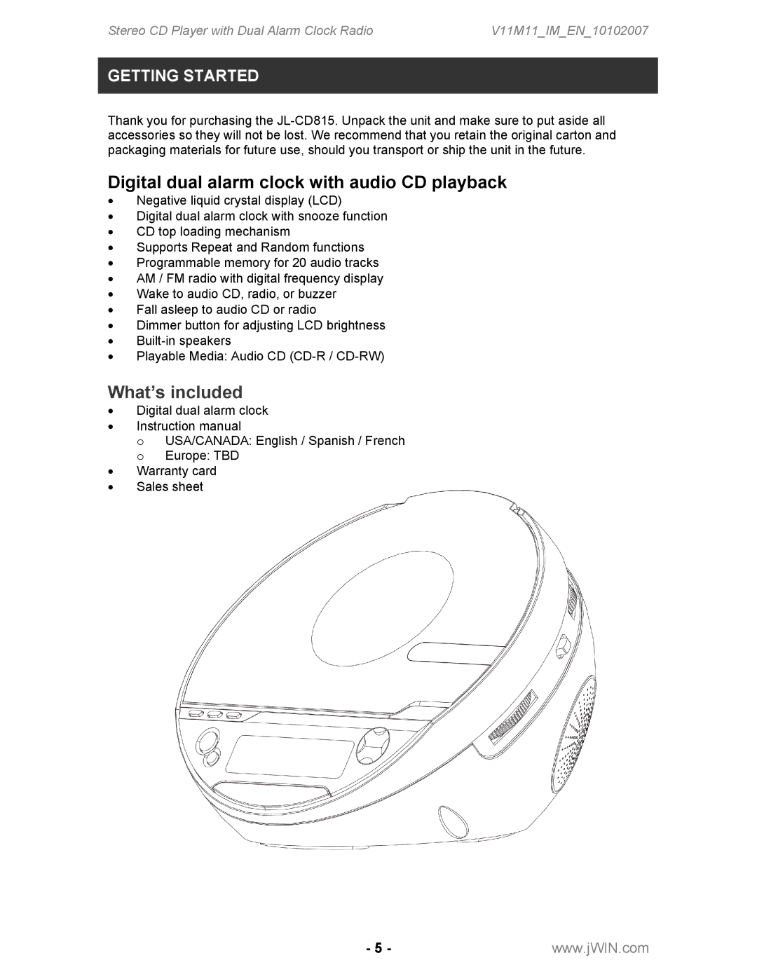 Jwin JL-CD815 instruction manual Digital dual alarm clock with audio CD playback, Getting Started 