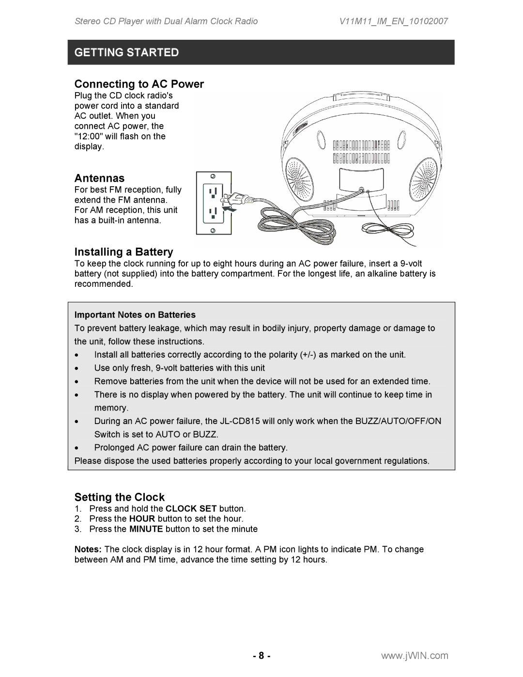 Jwin JL-CD815 instruction manual Connecting to AC Power, Antennas, Installing a Battery, Setting the Clock 