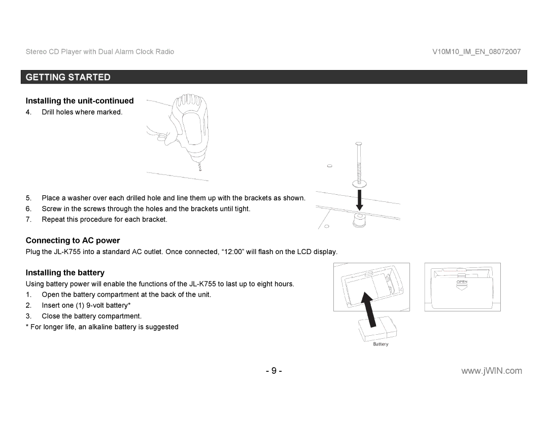 Jwin JL-K755 instruction manual Connecting to AC power, Installing the battery 