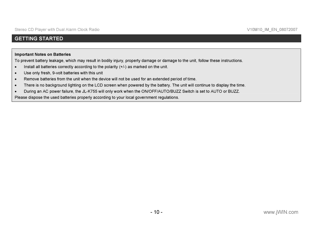 Jwin JL-K755 instruction manual Important Notes on Batteries 