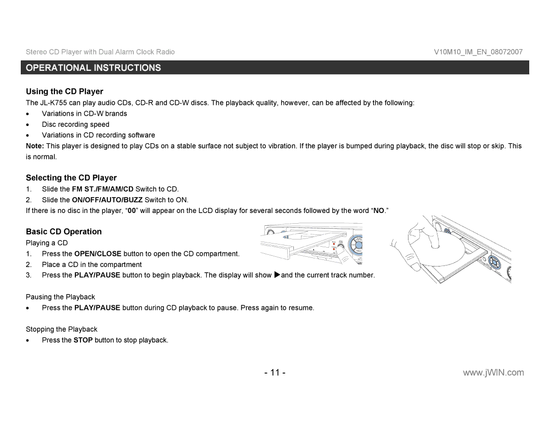 Jwin JL-K755 instruction manual Operational Instructions, Using the CD Player, Selecting the CD Player, Basic CD Operation 