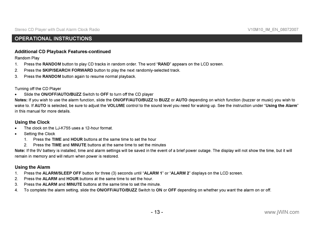 Jwin JL-K755 instruction manual Using the Clock, Using the Alarm 