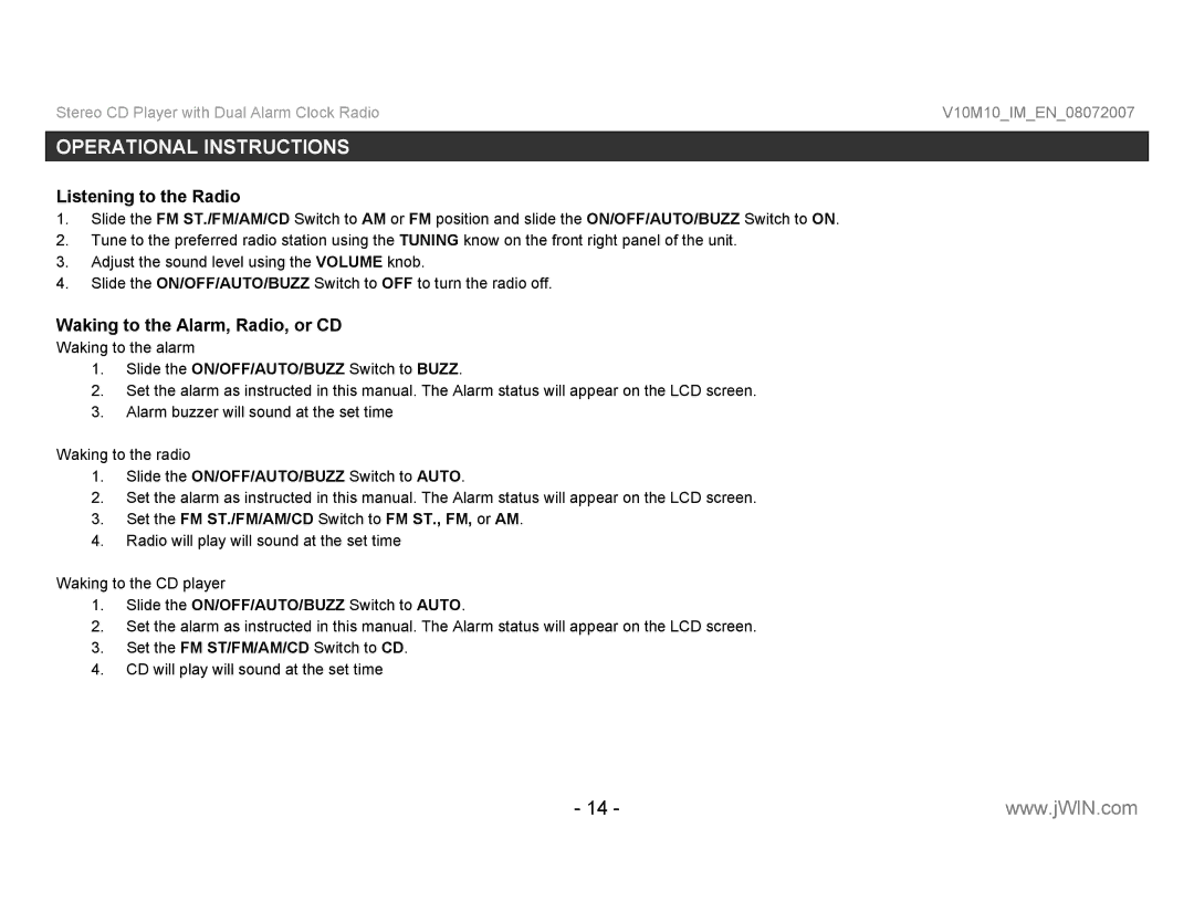 Jwin JL-K755 instruction manual Listening to the Radio, Waking to the Alarm, Radio, or CD 