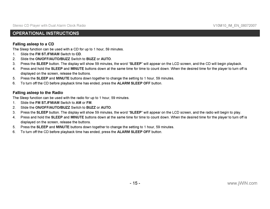 Jwin JL-K755 Falling asleep to a CD, Falling asleep to the Radio, Slide the ON/OFF/AUTO/BUZZ Switch to Buzz or Auto 