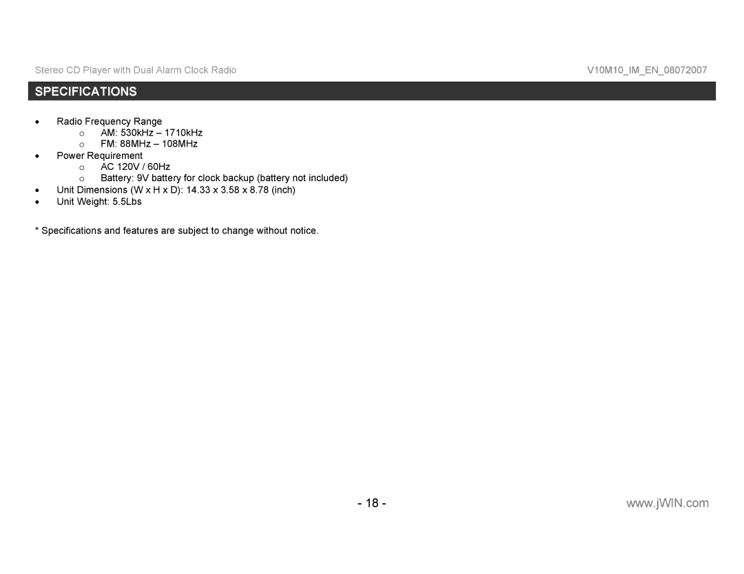 Jwin JL-K755 instruction manual Specifications 