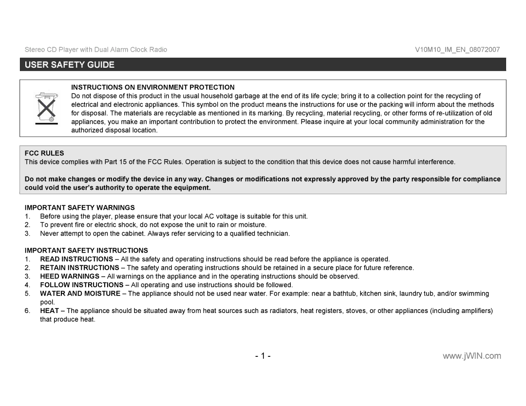 Jwin JL-K755 instruction manual User Safety Guide, Instructions on Environment Protection 