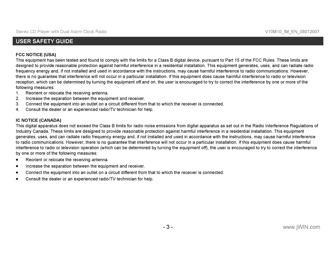 Jwin JL-K755 instruction manual FCC Notice USA 