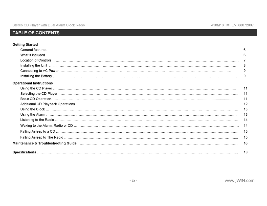 Jwin JL-K755 instruction manual Table of Contents 