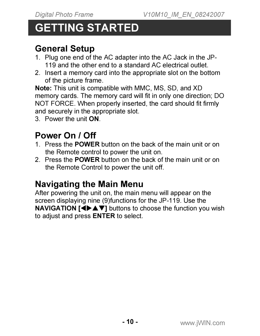 Jwin JP-119 instruction manual General Setup, Power On / Off, Navigating the Main Menu 