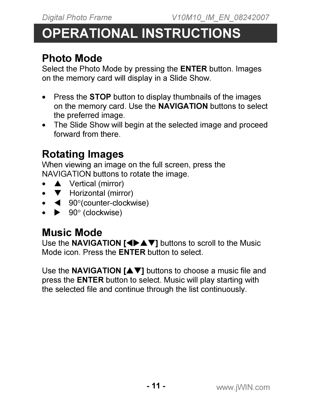 Jwin JP-119 instruction manual Operational Instructions, Photo Mode, Rotating Images, Music Mode 