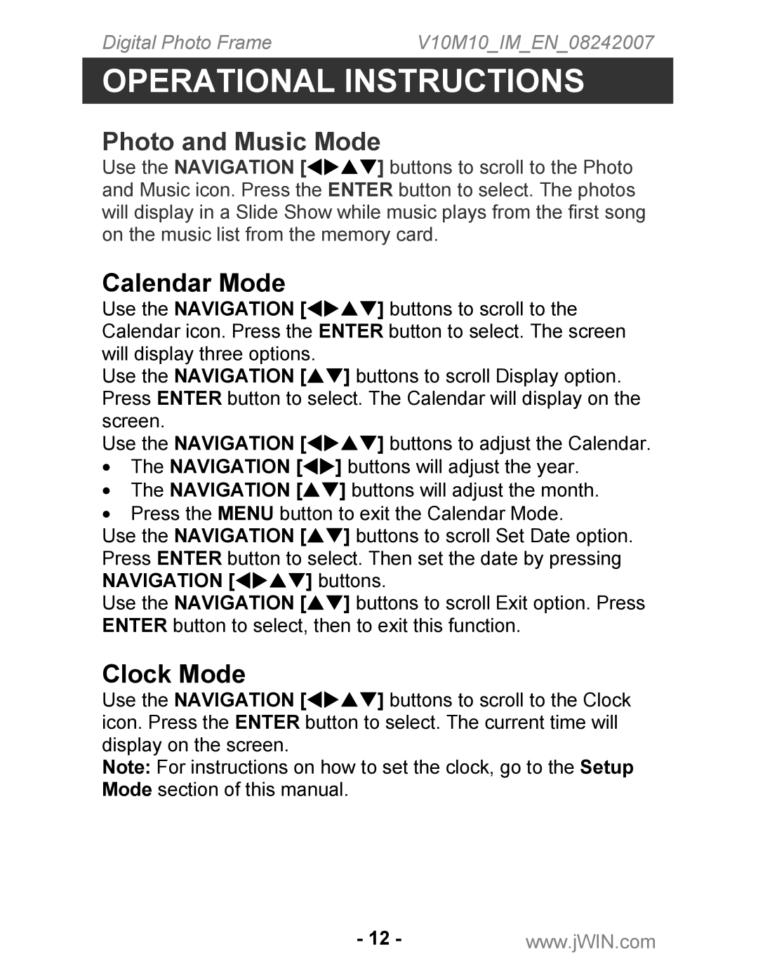 Jwin JP-119 instruction manual Calendar Mode, Clock Mode 