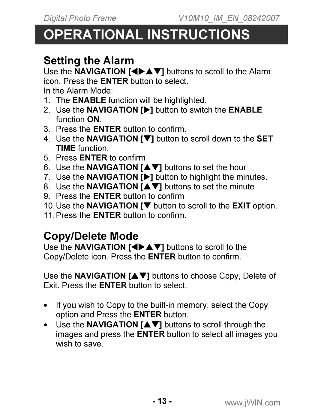 Jwin JP-119 instruction manual Setting the Alarm, Copy/Delete Mode 