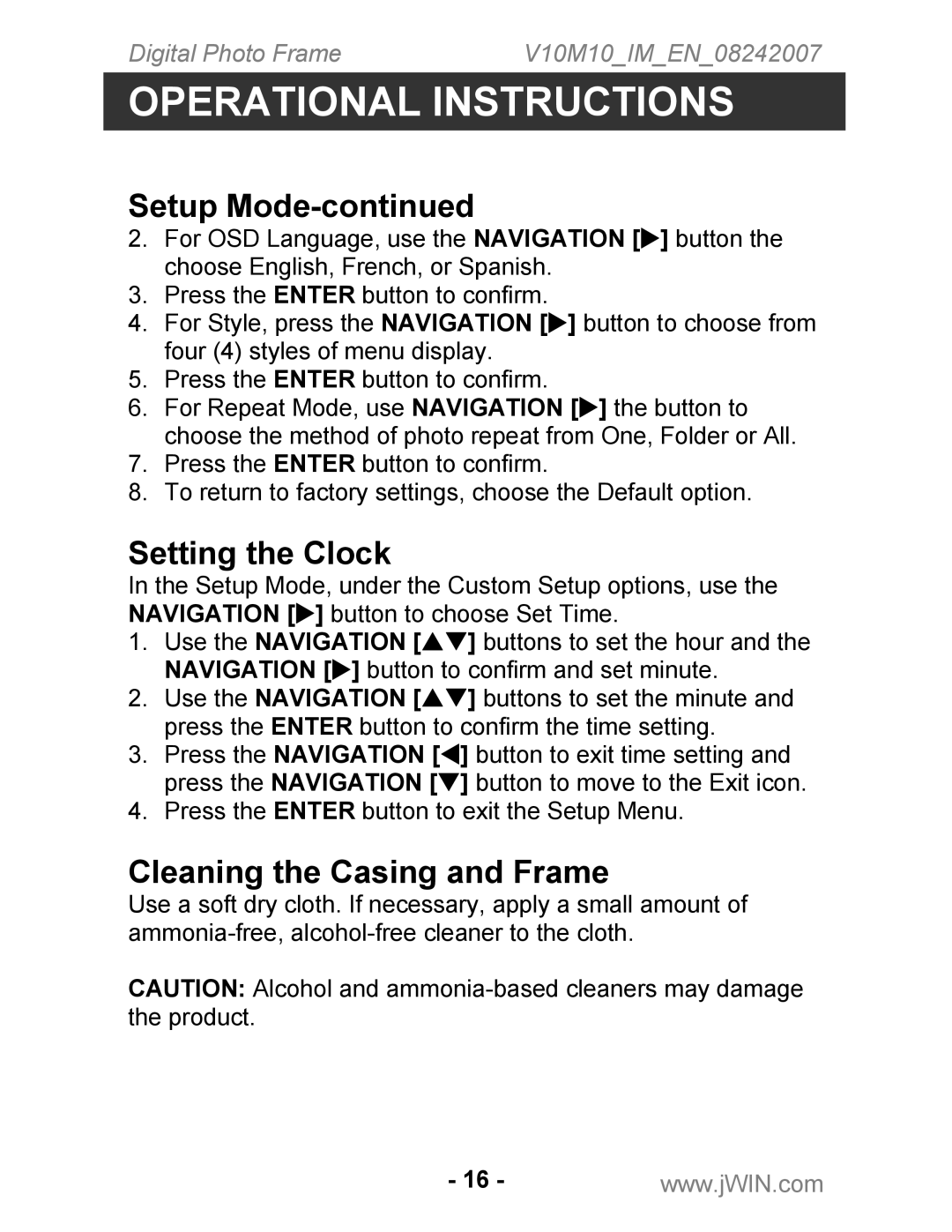 Jwin JP-119 instruction manual Setting the Clock, Cleaning the Casing and Frame 