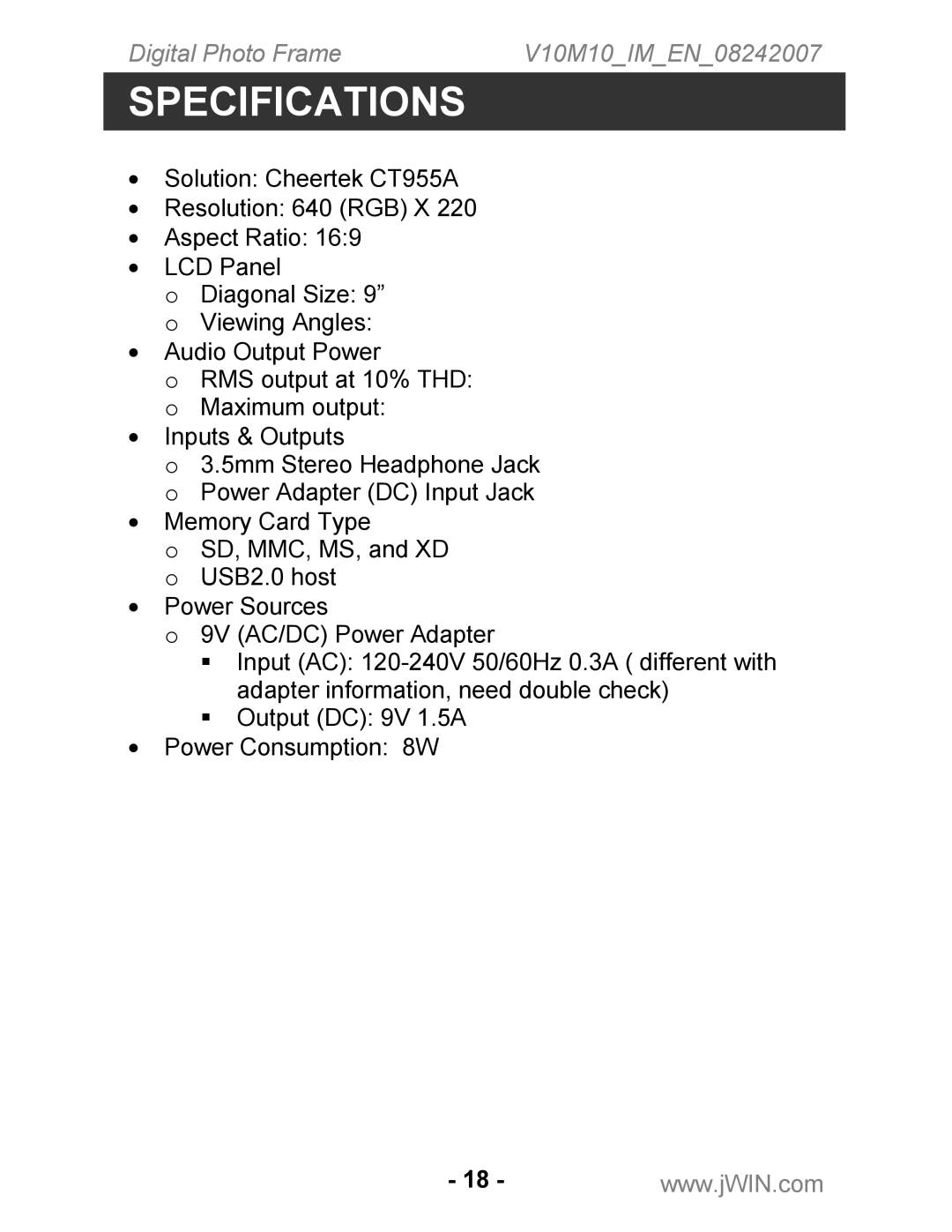 Jwin JP-119 instruction manual Specifications 