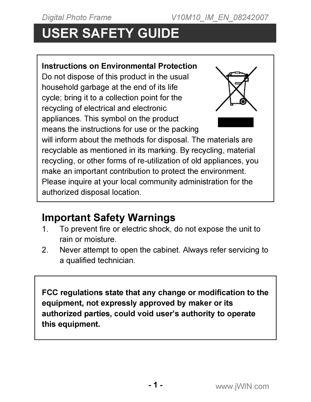 Jwin JP-119 instruction manual User Safety Guide, Important Safety Warnings 