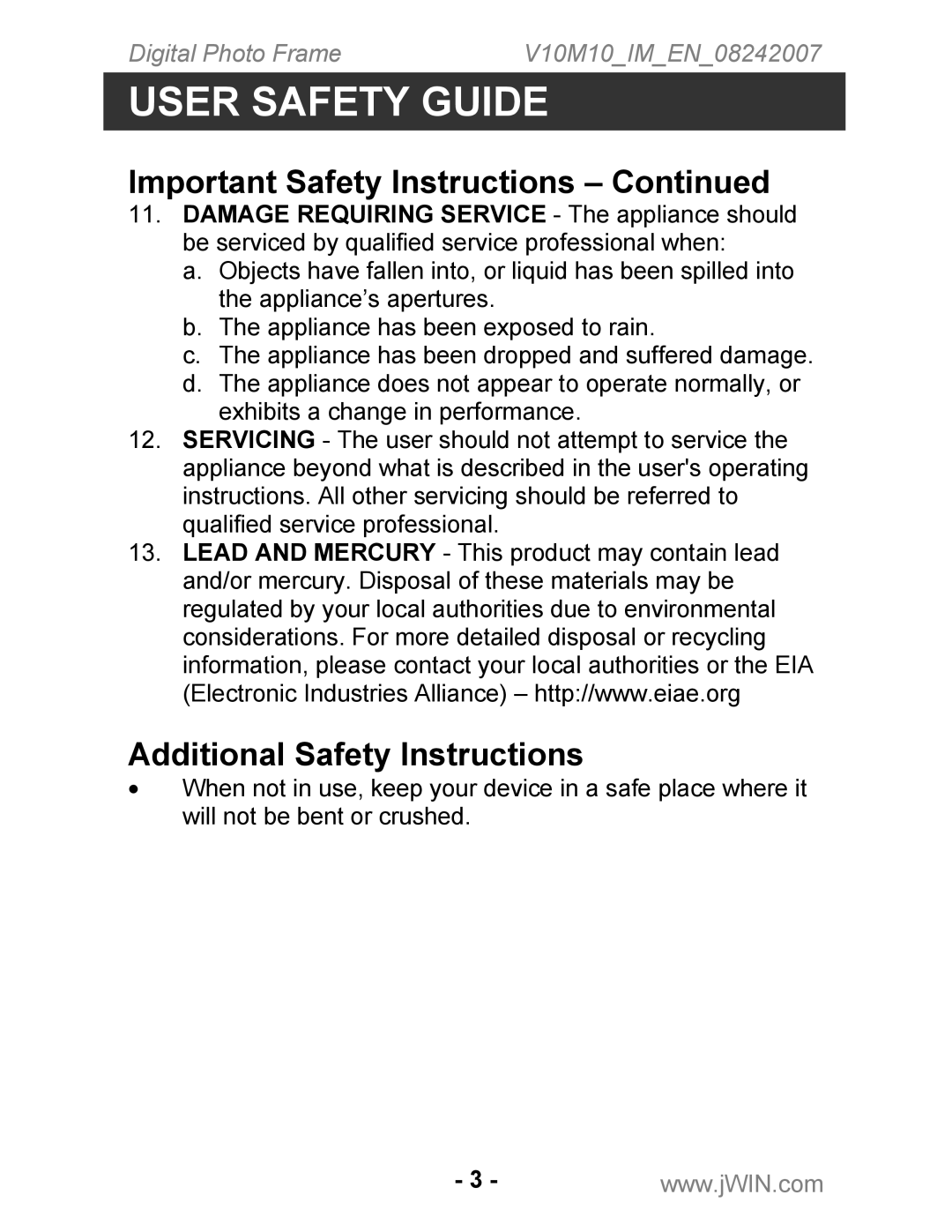 Jwin JP-119 instruction manual Additional Safety Instructions 